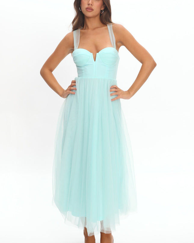Mint Lace-Up Back Tulle Midi Dress