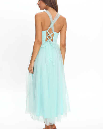 Mint Lace-Up Back Tulle Midi Dress
