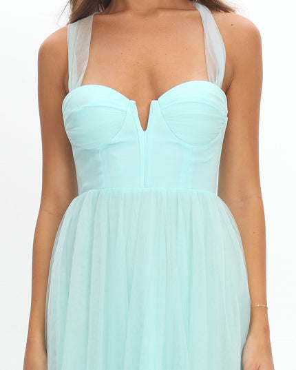 Mint Lace-Up Back Tulle Midi Dress