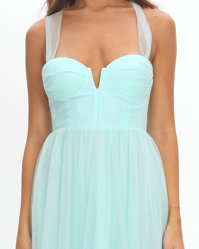 Mint Lace-Up Back Tulle Midi Dress