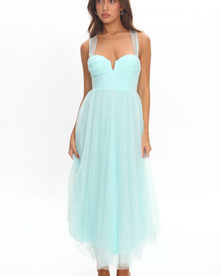 Mint Lace-Up Back Tulle Midi Dress