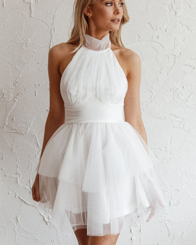White Halterneck Tulle Mini Dress