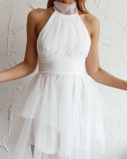 White Halterneck Tulle Mini Dress