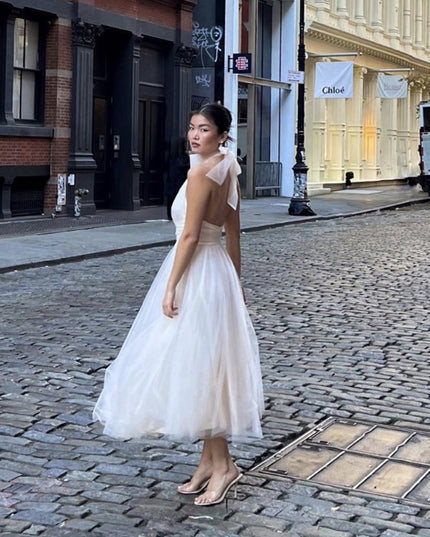 Ivory Halterneck Tulle Midi Dress