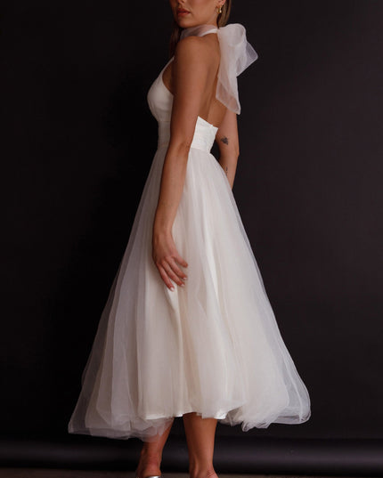 Ivory Halterneck Tulle Midi Dress