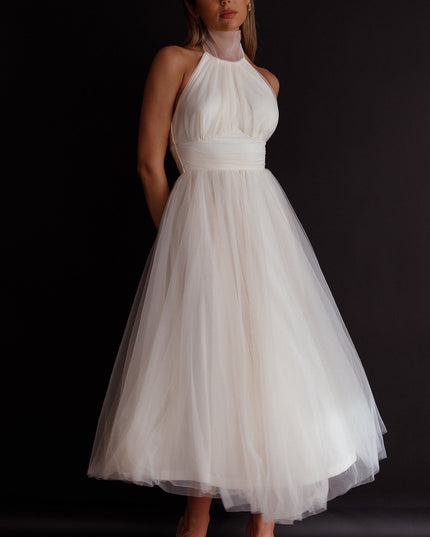 Ivory Halterneck Tulle Midi Dress