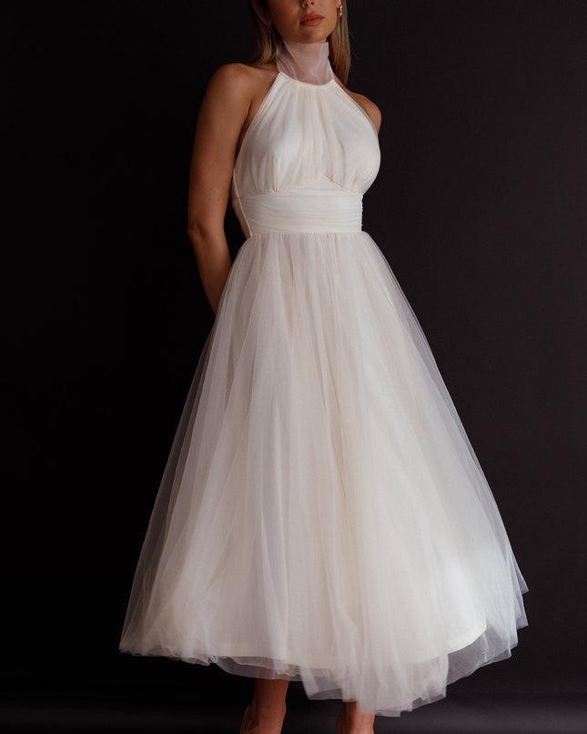 Ivory Halterneck Tulle Midi Dress