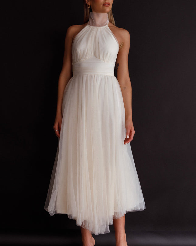 Ivory Halterneck Tulle Midi Dress