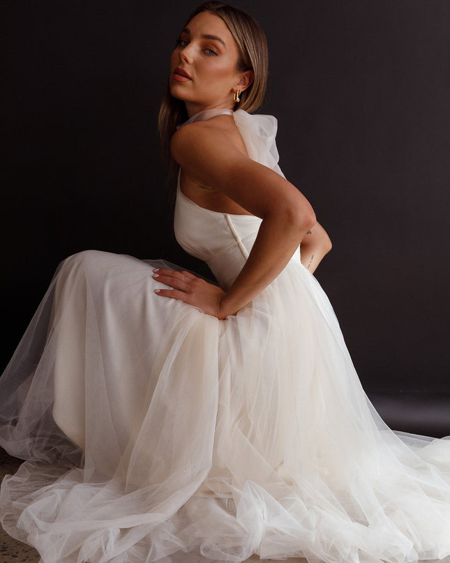 Ivory Halterneck Tulle Midi Dress
