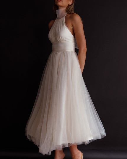 Ivory Halterneck Tulle Midi Dress