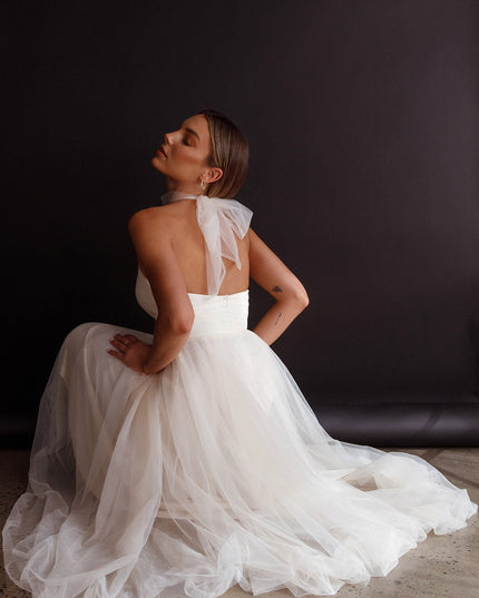 Ivory Halterneck Tulle Midi Dress