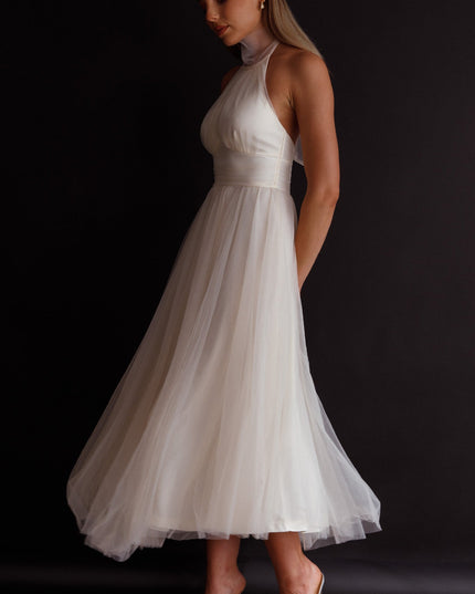 Ivory Halterneck Tulle Midi Dress