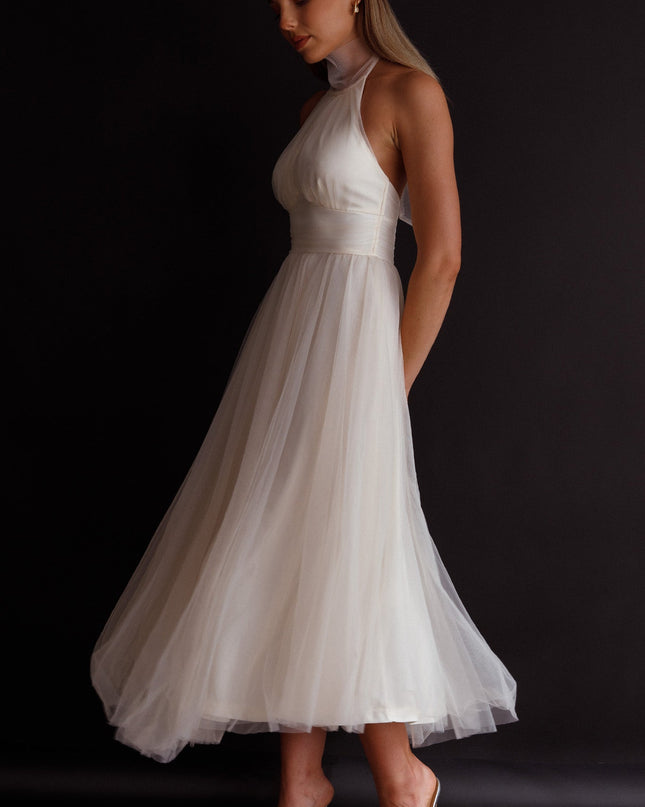 Ivory Halterneck Tulle Midi Dress