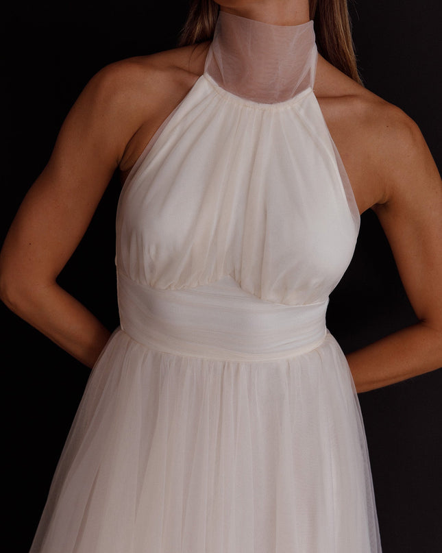 Ivory Halterneck Tulle Midi Dress