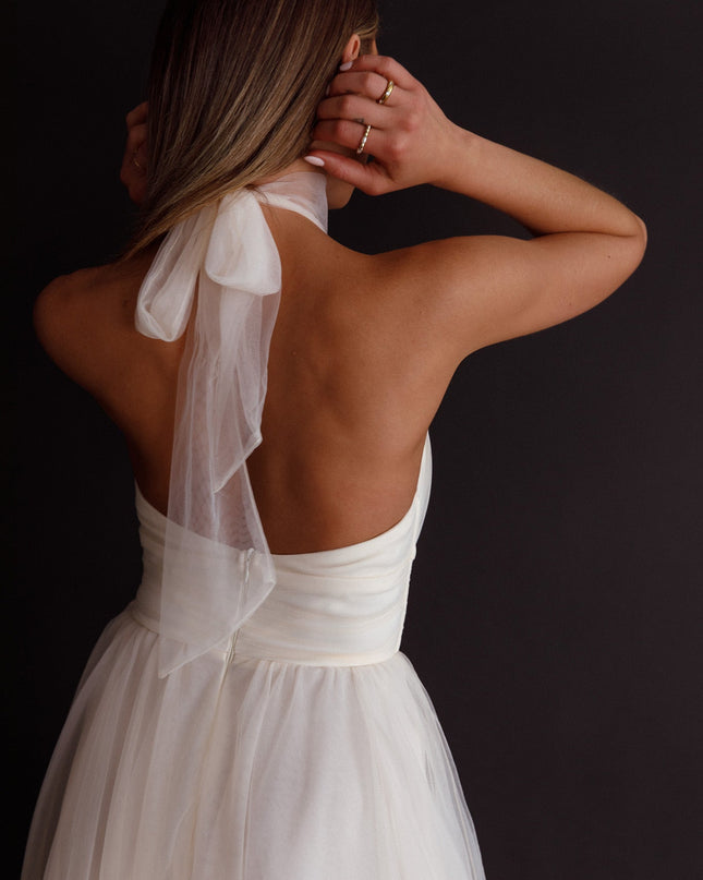 Ivory Halterneck Tulle Midi Dress