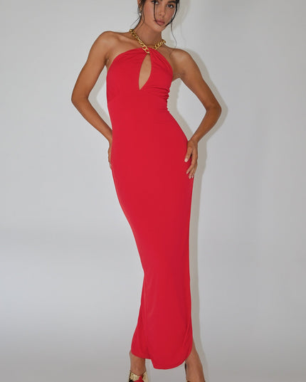 Red Chain Halter Midi Dress