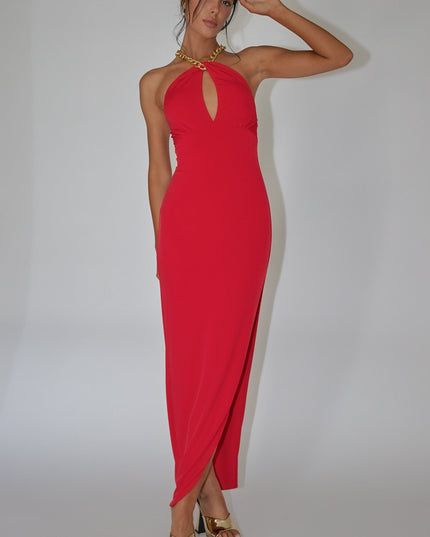 Red Chain Halter Midi Dress