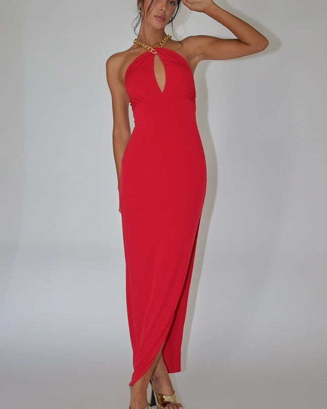 Red Chain Halter Midi Dress