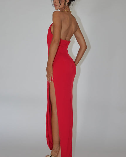 Red Chain Halter Midi Dress