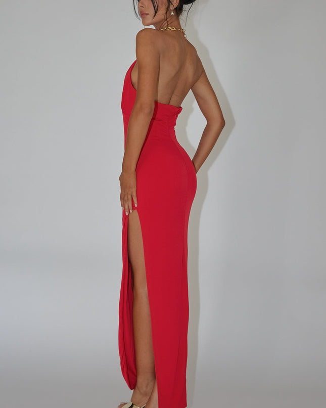 Red Chain Halter Midi Dress