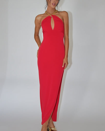 Red Chain Halter Midi Dress