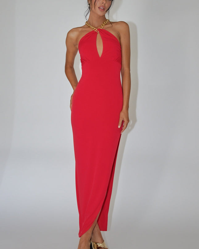 Red Chain Halter Midi Dress
