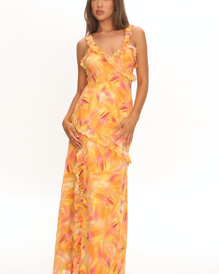 Orange Frill Trim Maxi Dress Abstract