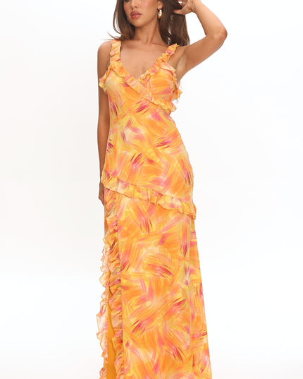 Orange Frill Trim Maxi Dress Abstract