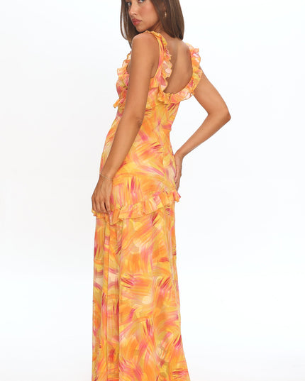 Orange Frill Trim Maxi Dress Abstract