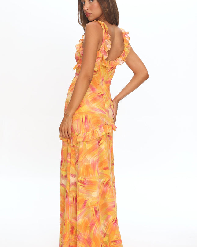 Orange Frill Trim Maxi Dress Abstract
