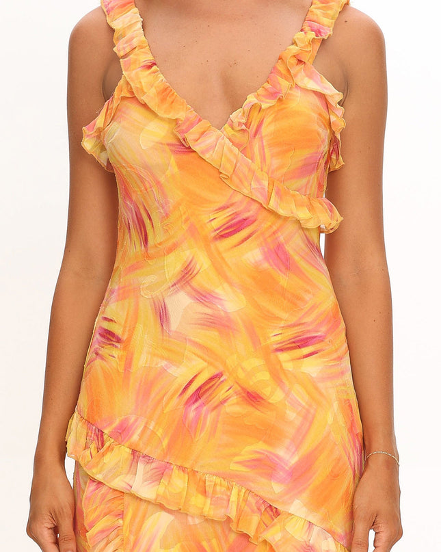 Orange Frill Trim Maxi Dress Abstract