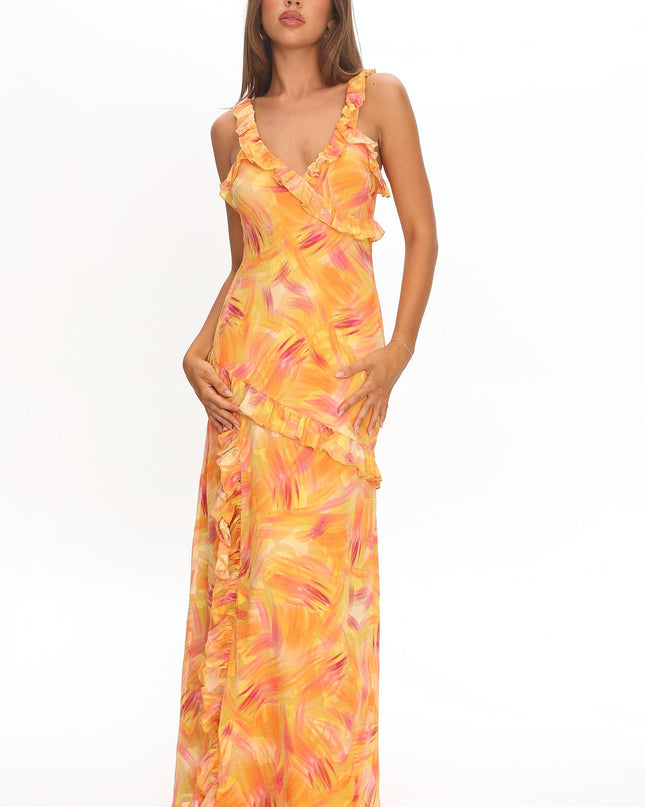 Orange Frill Trim Maxi Dress Abstract