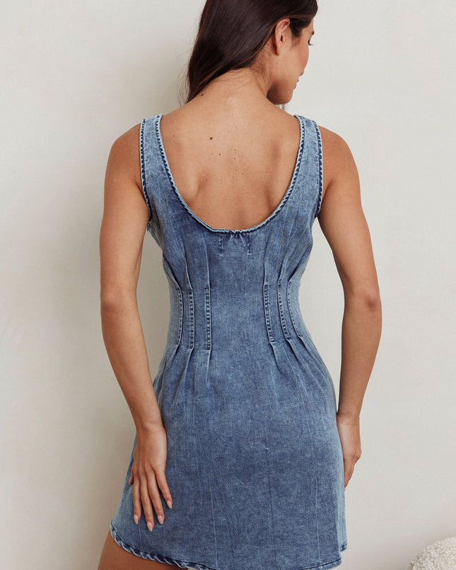Washed Blue Sleeveless Denim Mini Dress