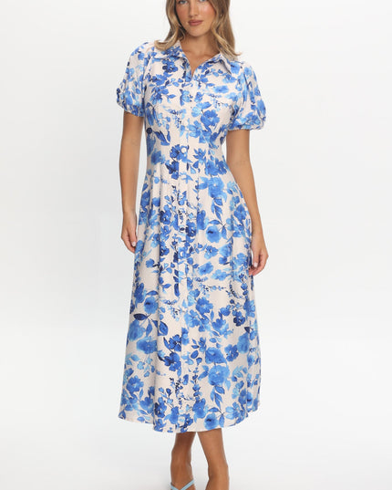 White Puff Sleeve Midi Dress Floral