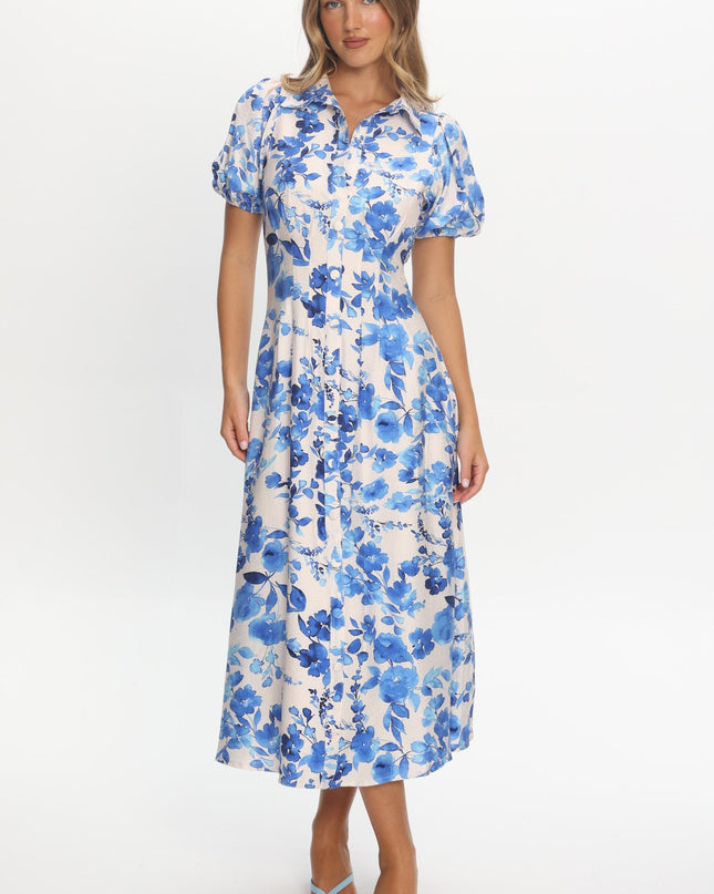 White Puff Sleeve Midi Dress Floral