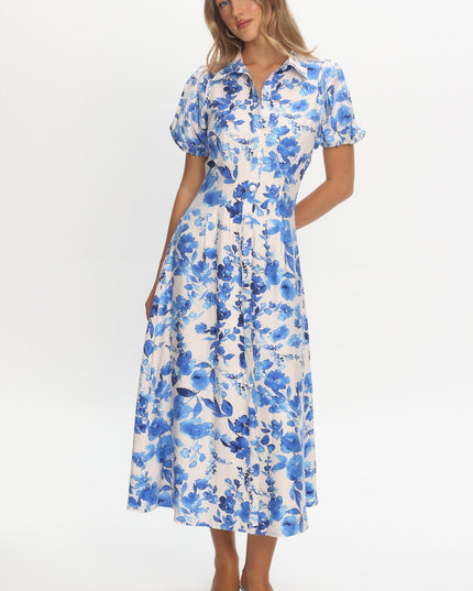 White Puff Sleeve Midi Dress Floral
