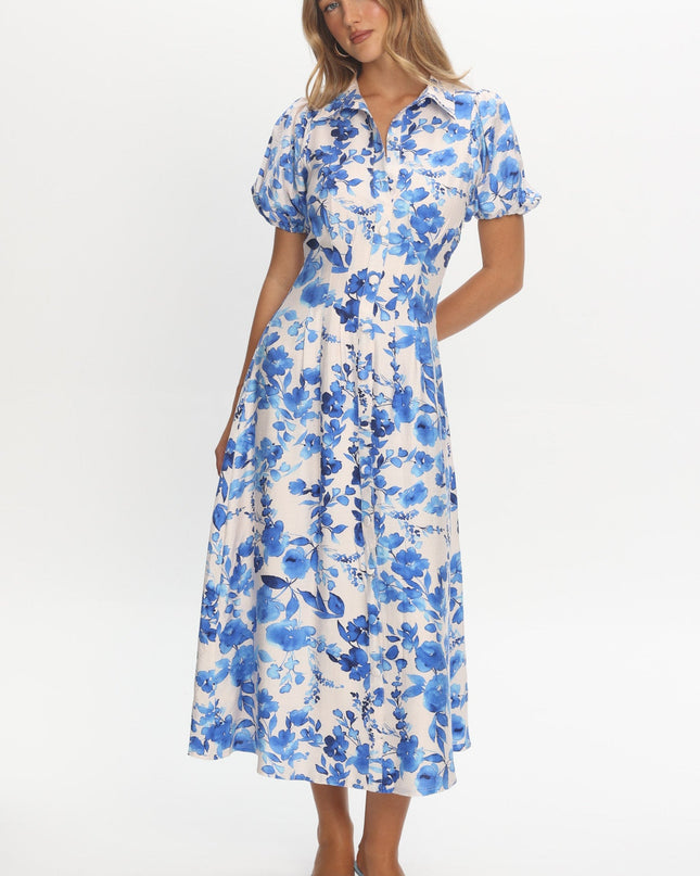 White Puff Sleeve Midi Dress Floral