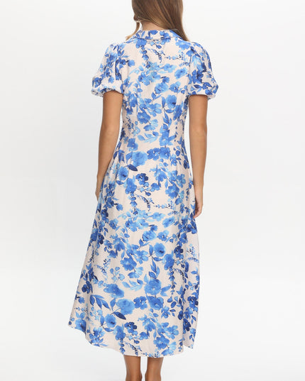 White Puff Sleeve Midi Dress Floral