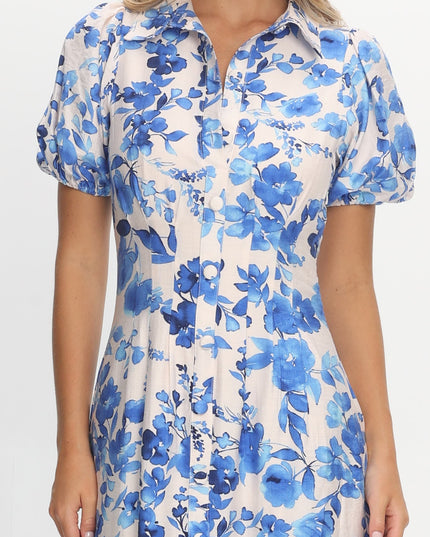 White Puff Sleeve Midi Dress Floral