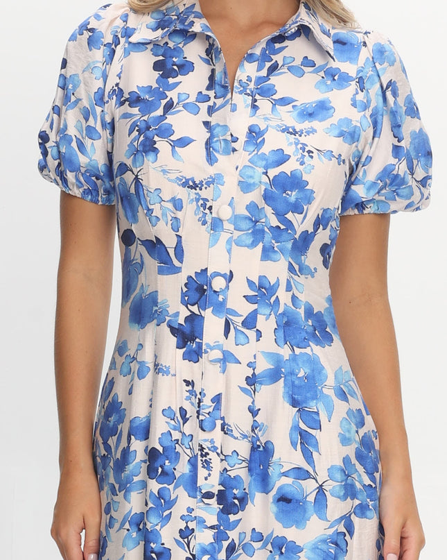 White Puff Sleeve Midi Dress Floral