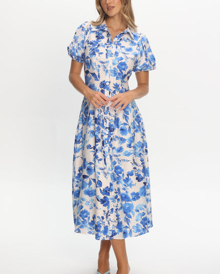 White Puff Sleeve Midi Dress Floral