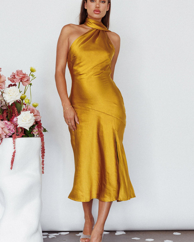 Mustard Tie Neck Midi Dress