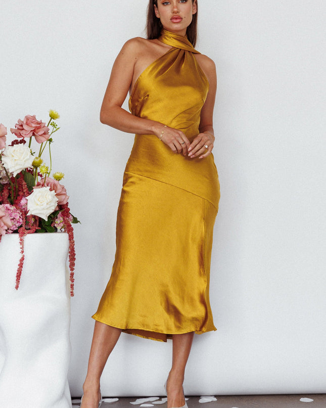 Mustard Tie Neck Midi Dress