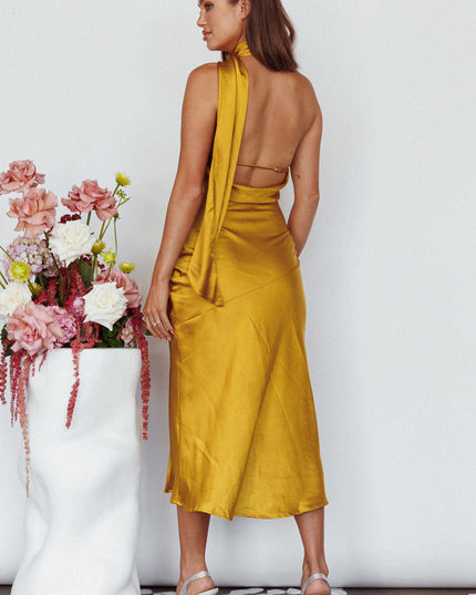 Mustard Tie Neck Midi Dress