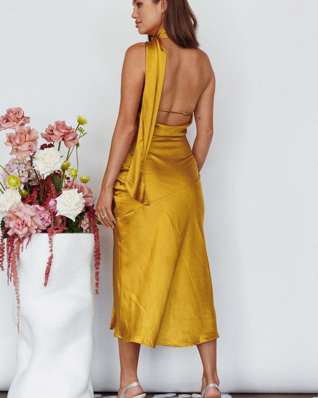 Mustard Tie Neck Midi Dress