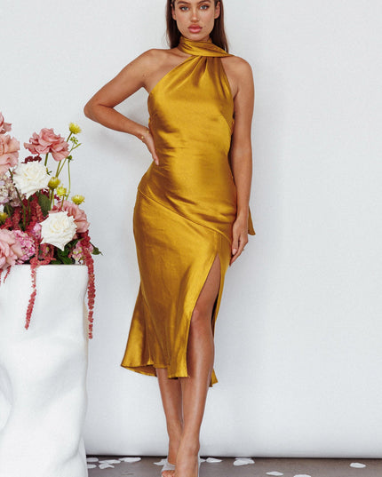 Mustard Tie Neck Midi Dress