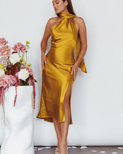 Mustard Tie Neck Midi Dress