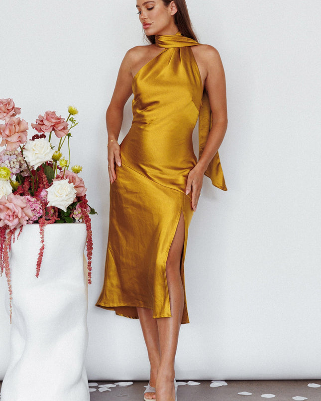 Mustard Tie Neck Midi Dress