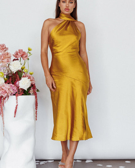 Mustard Tie Neck Midi Dress