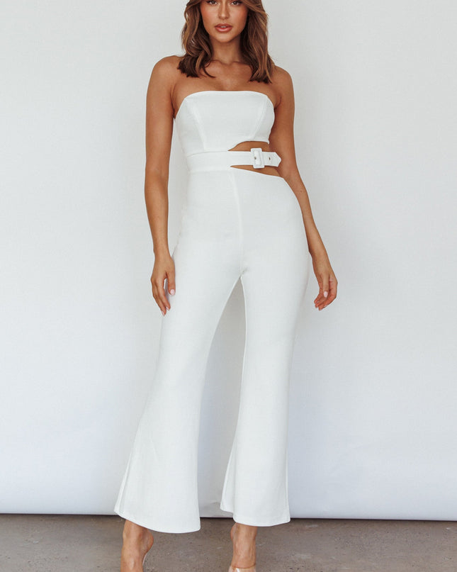 White Cut-Out Buckle Waist Jumpsuit